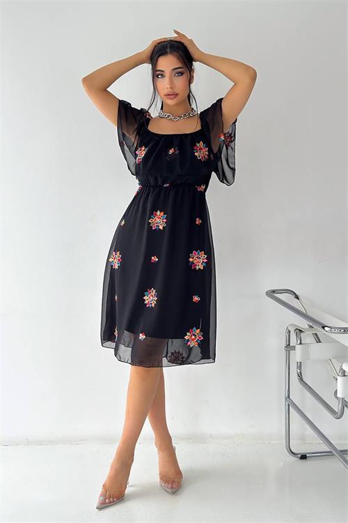 Dipmoda kadın nakışlı carmen yaka şifon elbise KKLF12 - Siyah 