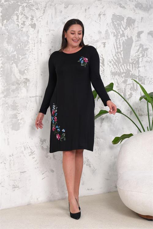 Dipmoda kadın nakışlı midi boy likralı büyük beden elbise NBA020