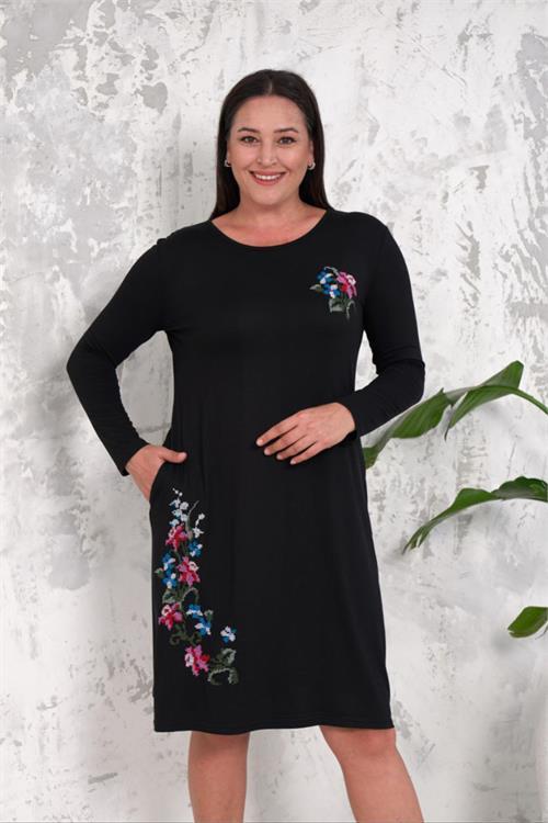 Dipmoda kadın nakışlı midi boy likralı büyük beden elbise NBA020