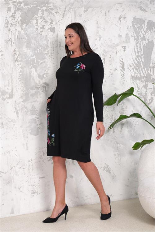 Dipmoda kadın nakışlı midi boy likralı büyük beden elbise NBA020