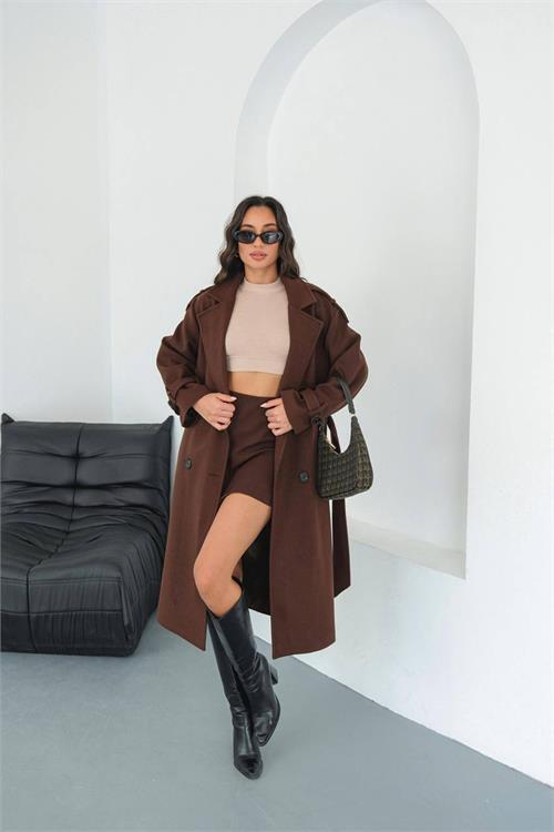 Dipmoda kadın omuz detaylı acı kahve kaşe kaban DPMYLK34