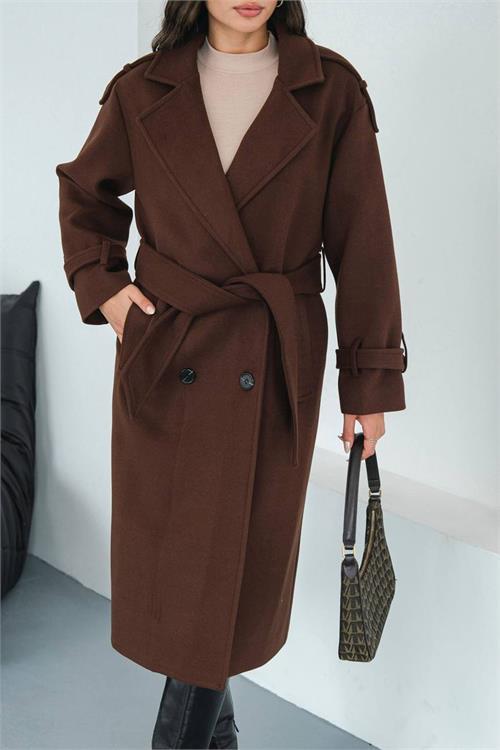 Dipmoda kadın omuz detaylı acı kahve kaşe kaban DPMYLK34