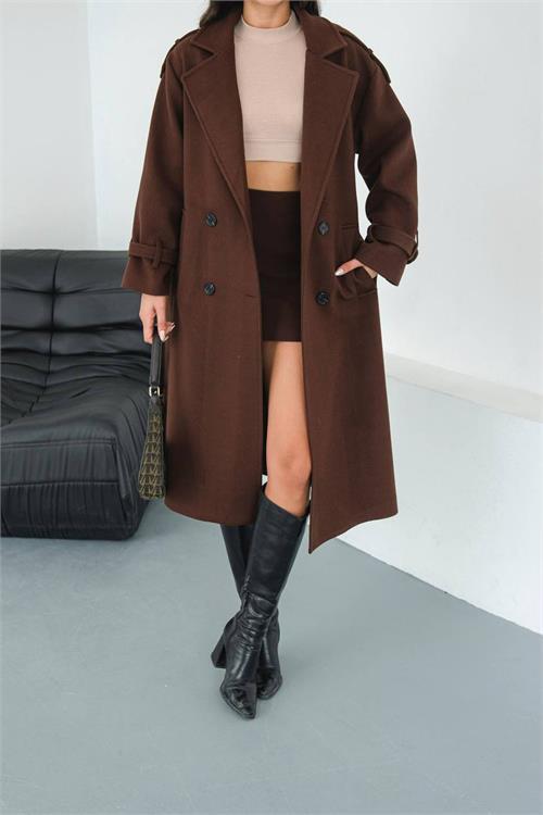 Dipmoda kadın omuz detaylı acı kahve kaşe kaban DPMYLK34