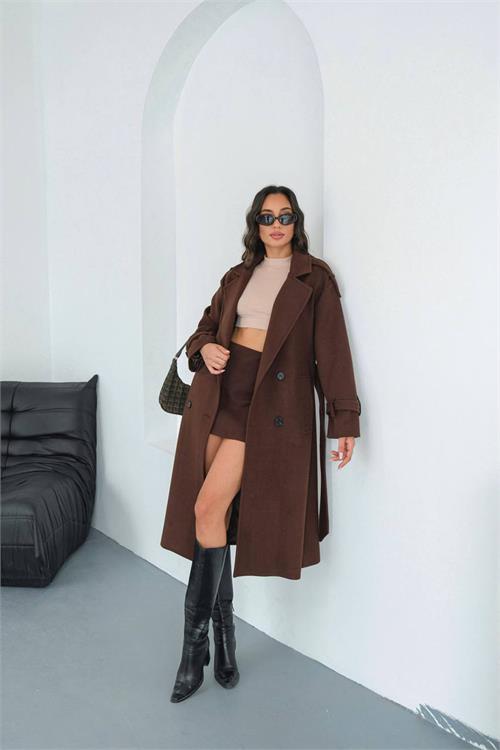 Dipmoda kadın omuz detaylı acı kahve kaşe kaban DPMYLK34