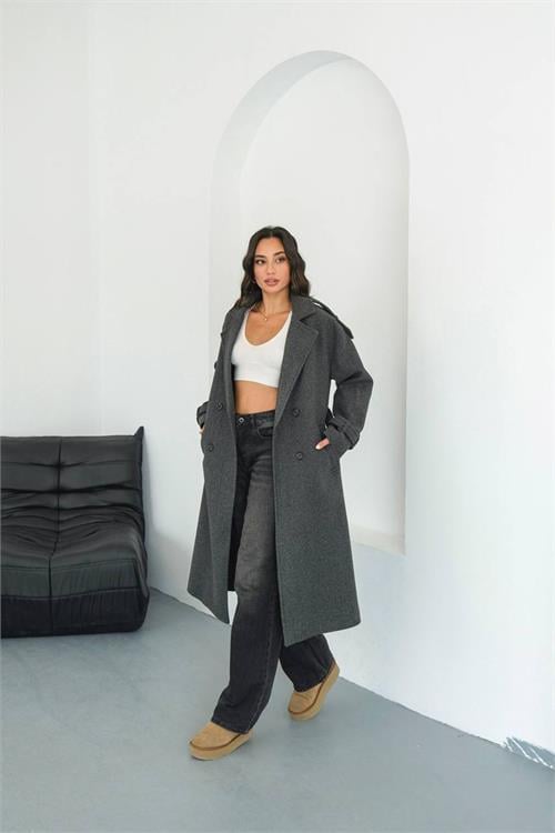 Dipmoda kadın omuz detaylı antrasit kaşe kaban DPMYLK34