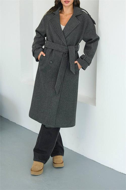 Dipmoda kadın omuz detaylı antrasit kaşe kaban DPMYLK34