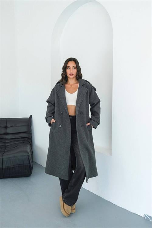Dipmoda kadın omuz detaylı antrasit kaşe kaban DPMYLK34