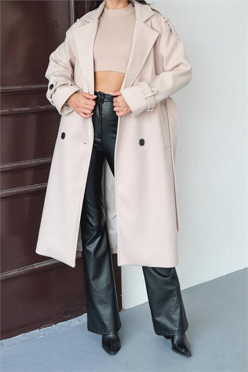 Dipmoda kadın omuz detaylı bej kaşe kaban DPMYLK34