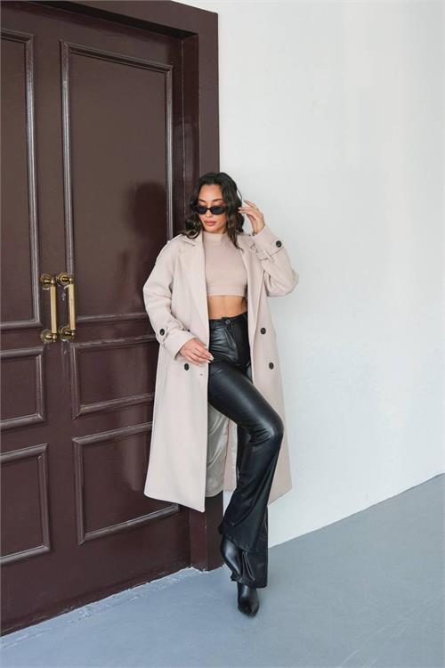 Dipmoda kadın omuz detaylı bej kaşe kaban DPMYLK34