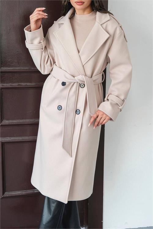 Dipmoda kadın omuz detaylı bej kaşe kaban DPMYLK34