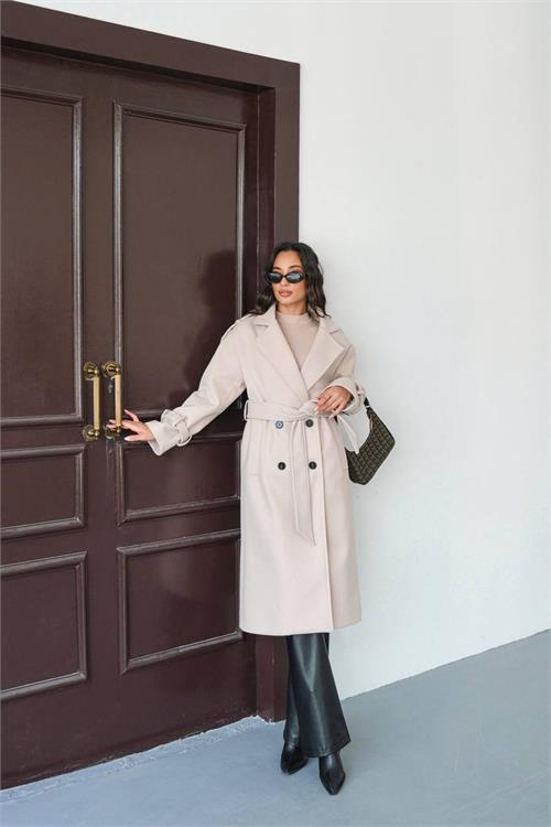 Dipmoda kadın omuz detaylı bej kaşe kaban DPMYLK34