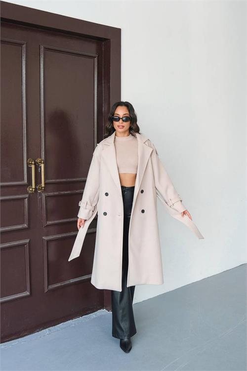 Dipmoda kadın omuz detaylı bej kaşe kaban DPMYLK34