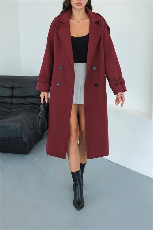 Dipmoda kadın omuz detaylı bordo kaşe kaban DPMYLK34