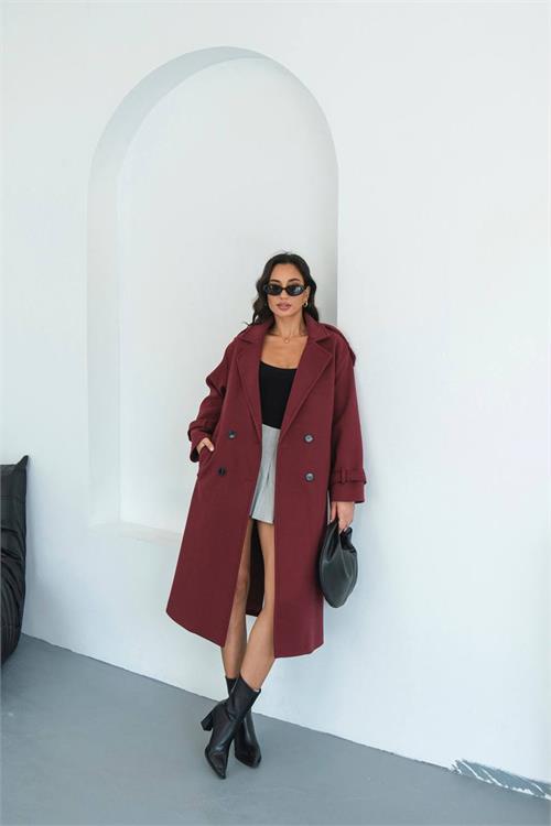 Dipmoda kadın omuz detaylı bordo kaşe kaban DPMYLK34