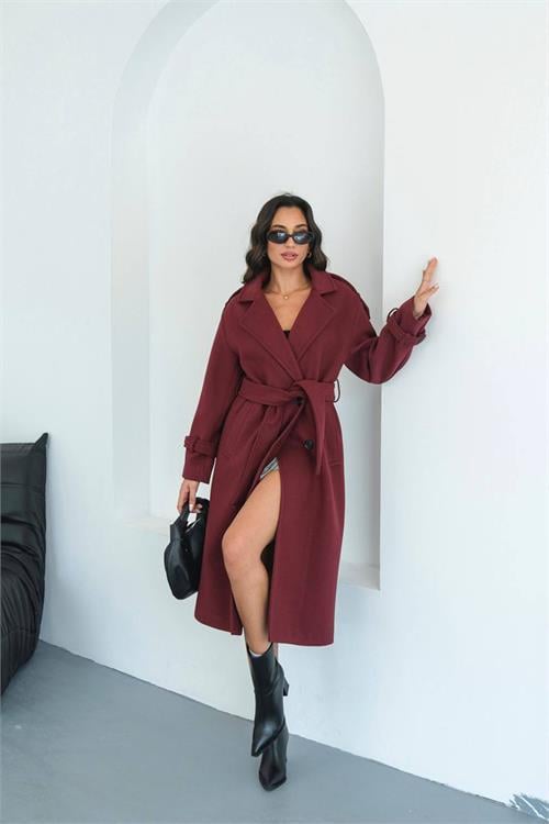 Dipmoda kadın omuz detaylı bordo kaşe kaban DPMYLK34