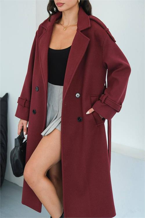 Dipmoda kadın omuz detaylı bordo kaşe kaban DPMYLK34