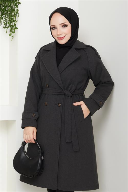 Dipmoda kadın omuz detaylı düğmeli midi boy astarlı kaşe kaban DPFT005