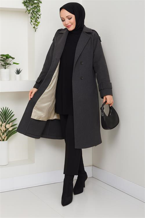 Dipmoda kadın omuz detaylı düğmeli midi boy astarlı kaşe kaban DPFT005