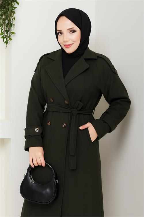 Dipmoda kadın omuz detaylı düğmeli midi boy astarlı kaşe kaban DPFT005