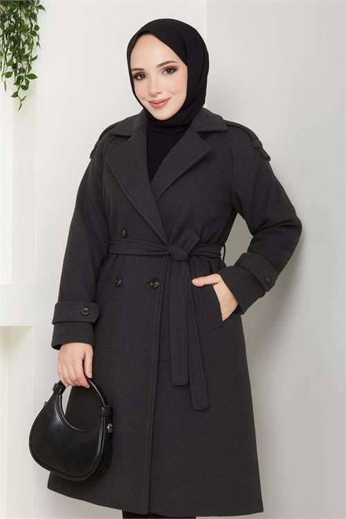 Dipmoda kadın omuz detaylı düğmeli midi boy astarlı kaşe kaban DPFT005