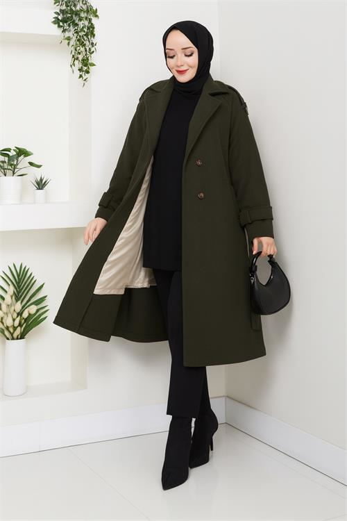 Dipmoda kadın omuz detaylı düğmeli midi boy astarlı kaşe kaban DPFT005