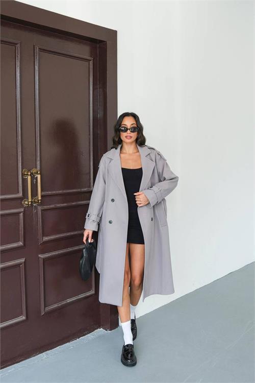 Dipmoda kadın omuz detaylı gri kaşe kaban DPMYLK34