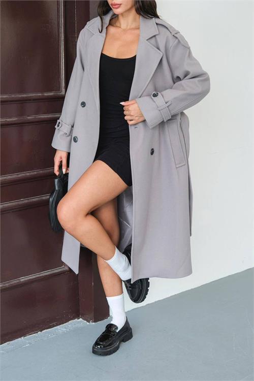 Dipmoda kadın omuz detaylı gri kaşe kaban DPMYLK34