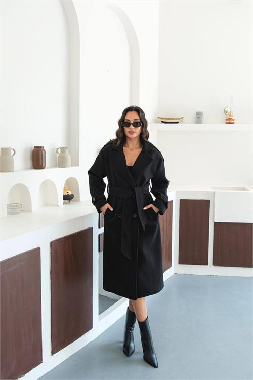 Dipmoda kadın omuz detaylı siyah kaşe kaban DPMYLK34