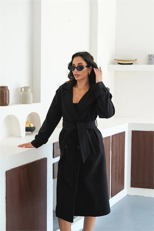 Dipmoda kadın omuz detaylı siyah kaşe kaban DPMYLK34