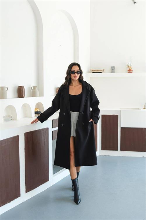 Dipmoda kadın omuz detaylı siyah kaşe kaban DPMYLK34