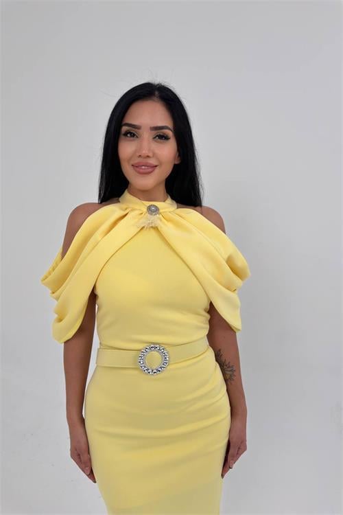 Dipmoda kadın omuz detaylı toka kemerli midi boy elbise DPNC110095