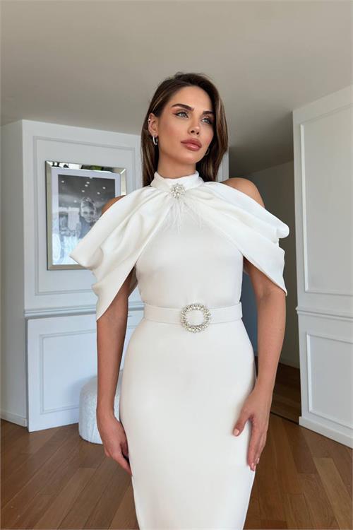 Dipmoda kadın omuz detaylı toka kemerli midi boy elbise DPNC110095