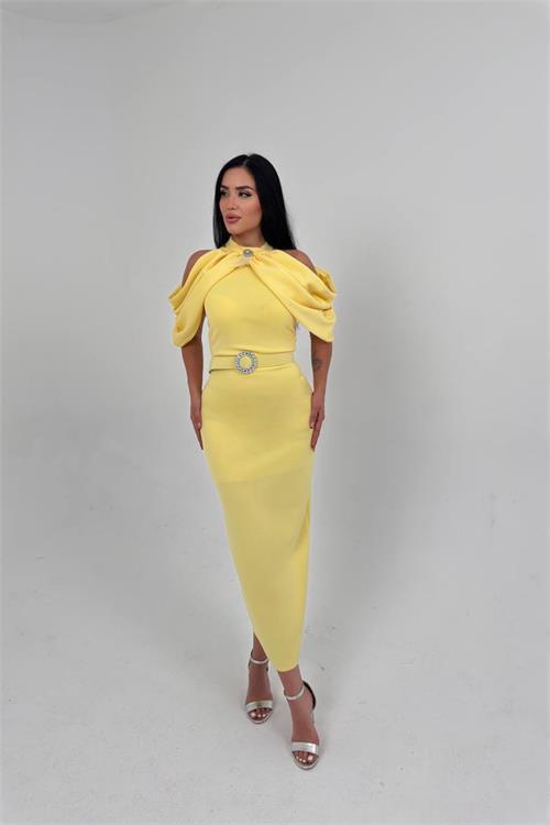 Dipmoda kadın omuz detaylı toka kemerli midi boy elbise DPNC110095