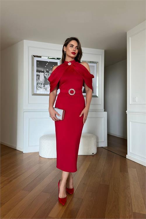 Dipmoda kadın omuz detaylı toka kemerli midi boy elbise DPNC110095