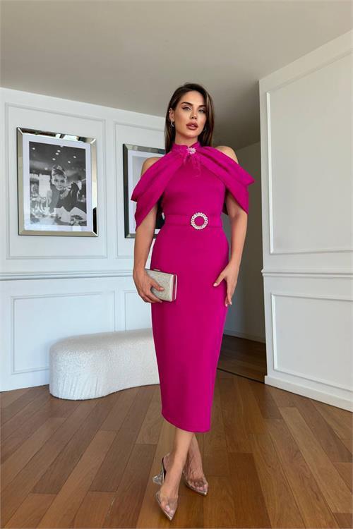 Dipmoda kadın omuz detaylı toka kemerli midi boy elbise DPNC110095