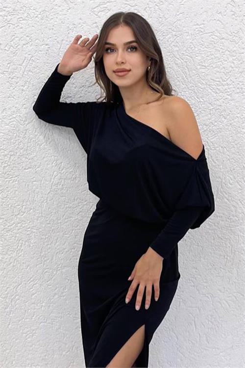 Dipmoda kadın omuz ve yırtmaç detaylı midi boy elbise NBSHNZ06