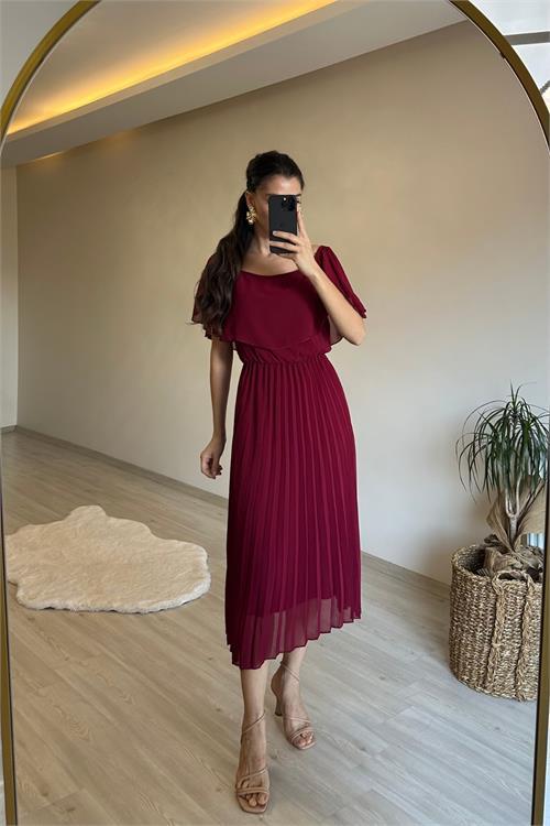 Dipmoda kadın omzu açık piliseli midi şifon elbise NM006