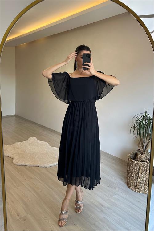 Dipmoda kadın omzu açık piliseli midi şifon elbise NM006