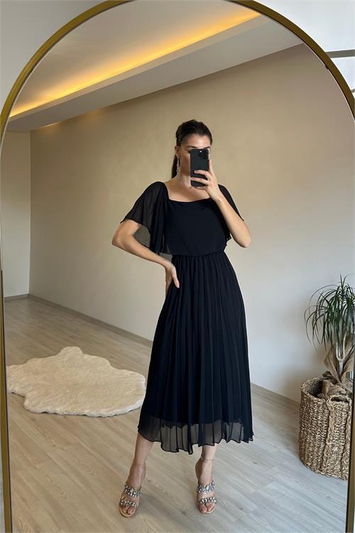 Dipmoda kadın omzu açık piliseli midi şifon elbise NM006