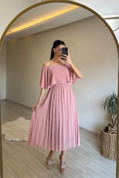 Dipmoda kadın omzu açık piliseli midi şifon elbise NM006