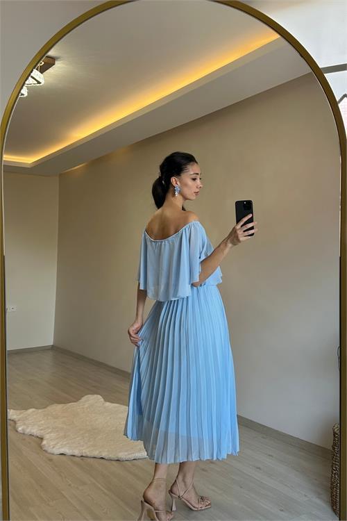 Dipmoda kadın omzu açık piliseli midi şifon elbise NM006