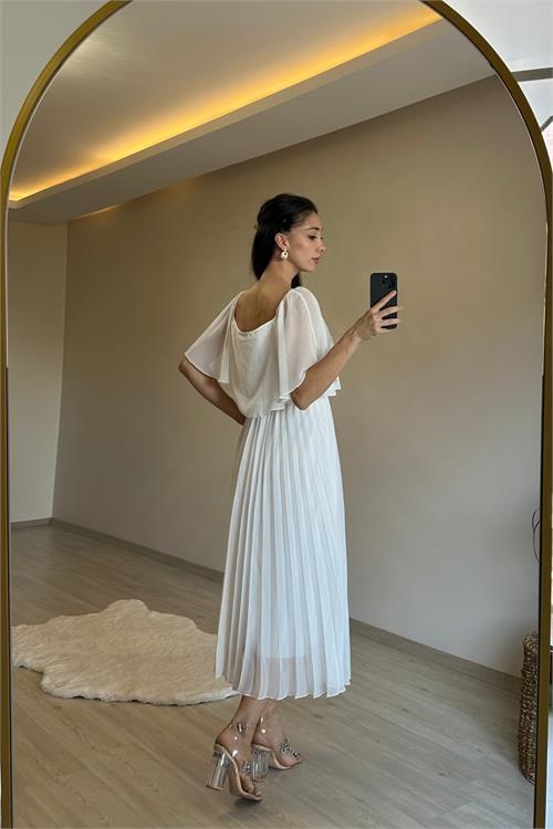 Dipmoda kadın omzu açık piliseli midi şifon elbise NM006