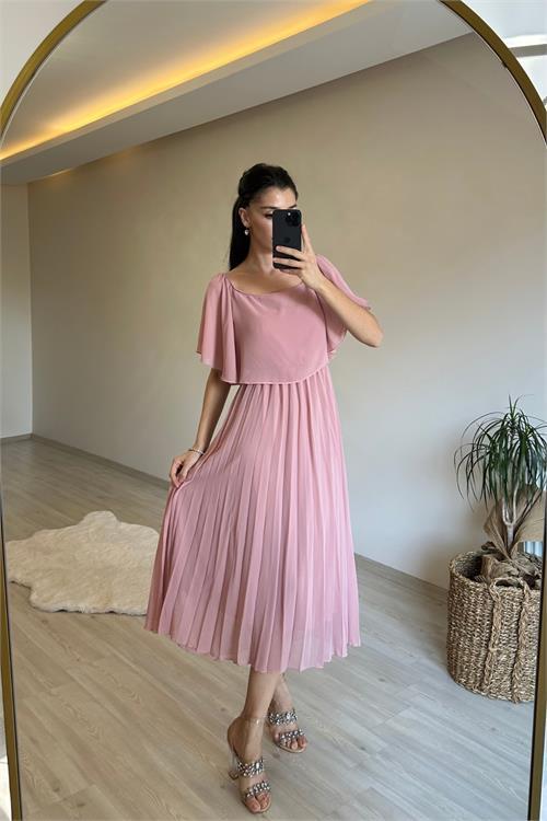 Dipmoda kadın omzu açık piliseli midi şifon elbise NM006