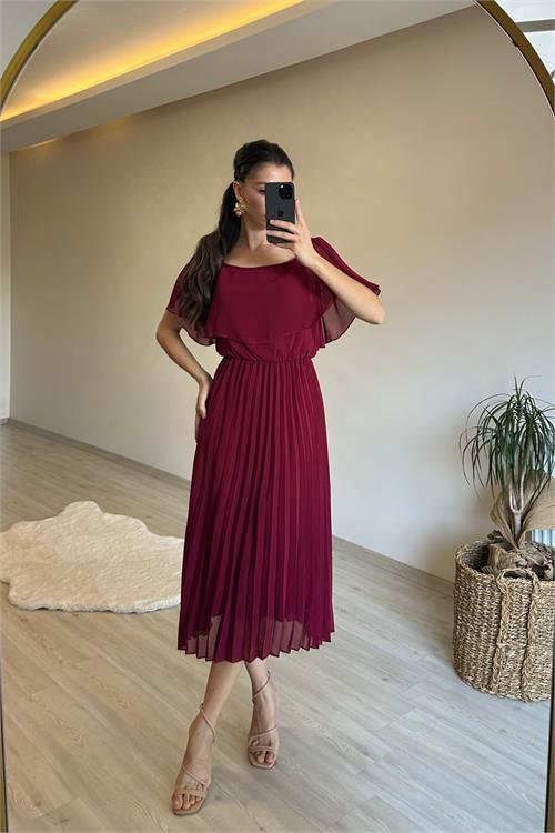 Dipmoda kadın omzu açık piliseli midi şifon elbise NM006