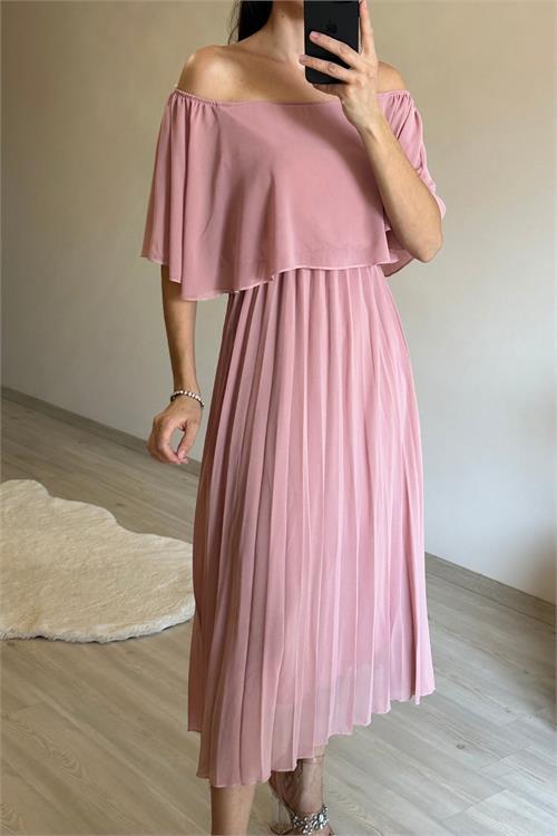 Dipmoda kadın omzu açık piliseli midi şifon elbise NM006