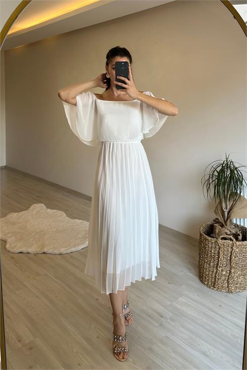 Dipmoda kadın omzu açık piliseli midi şifon elbise NM006