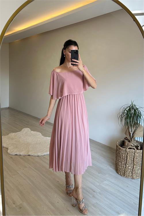 Dipmoda kadın omzu açık piliseli midi şifon elbise NM006