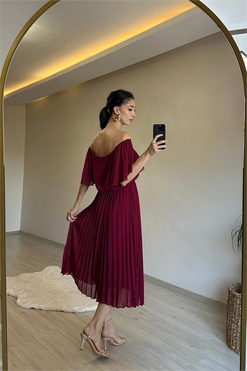 Dipmoda kadın omzu açık piliseli midi şifon elbise NM006