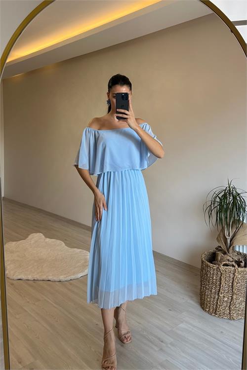 Dipmoda kadın omzu açık piliseli midi şifon elbise NM006