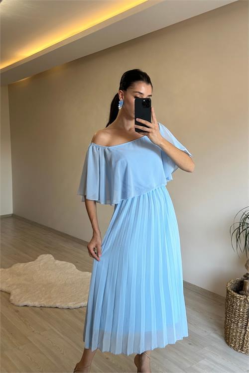 Dipmoda kadın omzu açık piliseli midi şifon elbise NM006
